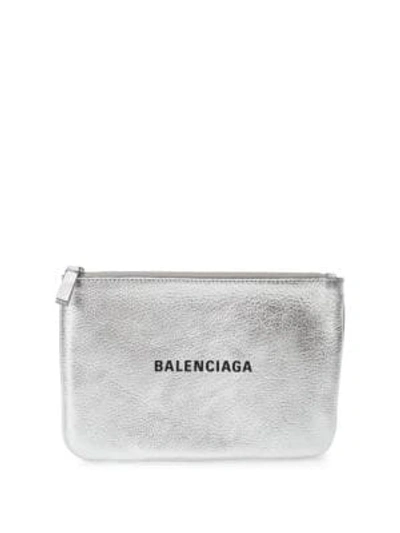 Shop Balenciaga Large Everyday Metallic Leather Pouch In Silver