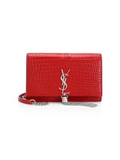Shop Saint Laurent Stamped Croc Kate Wallet-on-chain In Rouge
