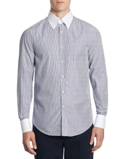 Shop Brunello Cucinelli Contrast Collar Striped Button-down Shirt In Navy With Stripe