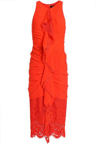 Shop Proenza Schouler Ruffled Lace-paneled Ruched Cotton Dress In Bright Orange