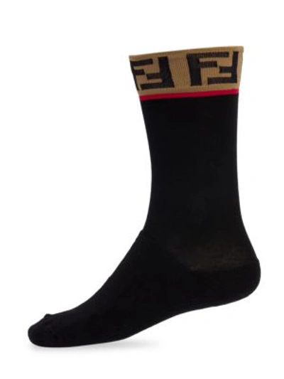 Shop Fendi Men's Double-f Logo Trim Socks In Black