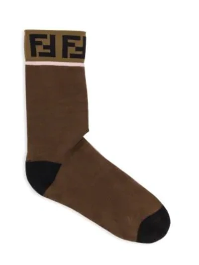 Shop Fendi Double-f Logo Trim Socks In Chocolate