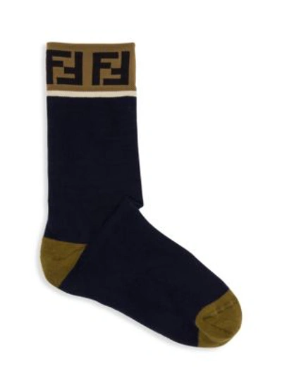 Shop Fendi Double-f Logo Trim Socks In Navy