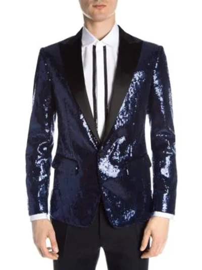 Shop Dsquared2 Sequin One-button Peak Jacket In Navy Blue