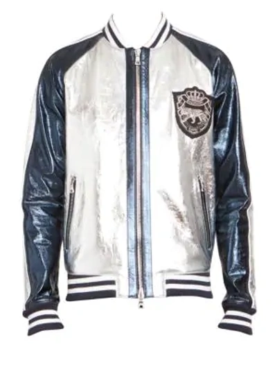 Shop Balmain Leather Bomber Jacket In Silver Blue