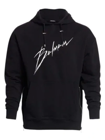 Shop Balmain Logo Drawstring Hoodie In Black
