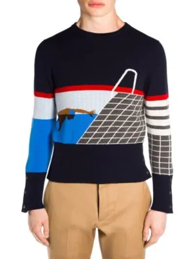 Shop Thom Browne Pool Side Intarsia Knit Cashmere Sweater In Navy