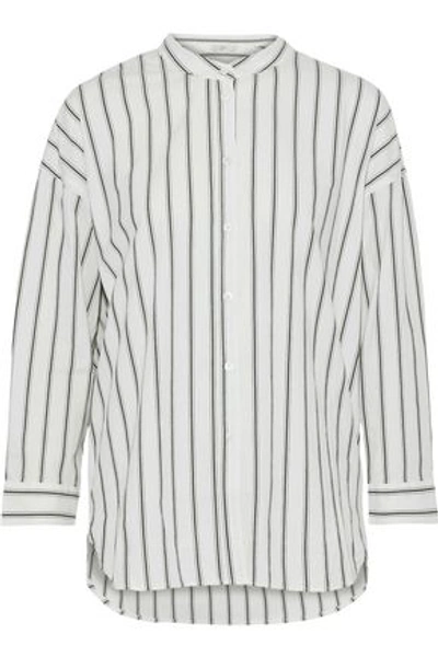 Shop Joie Poni Ruffled Striped Cotton-blend Poplin Shirt In Off-white