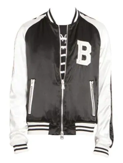 Shop Balmain Embroidered Logo Bomber Jacket In Black Silver