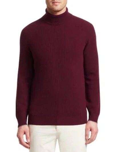 Shop Brunello Cucinelli Rib-knit Wool, Silk & Cashmere Turtleneck Sweater In Wine