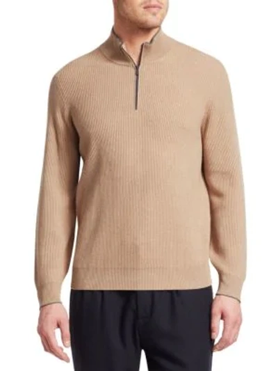 Shop Brunello Cucinelli Half Zip Rib-knit Wool, Silk & Cashmere Jumper In Mauve