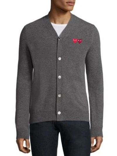 Shop Comme Des Garçons Play Men's Dual Signature Logo Patch Wool Cardigan In Grey