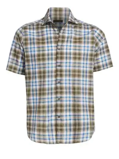 Shop Saks Fifth Avenue Men's Collection Cotton & Linen Plaid Shirt In Green