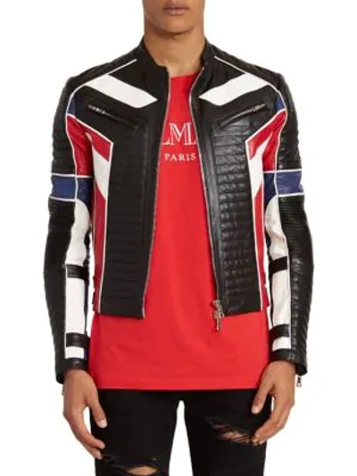 Shop Balmain Colorblock Leather Biker Jacket In Black Multi