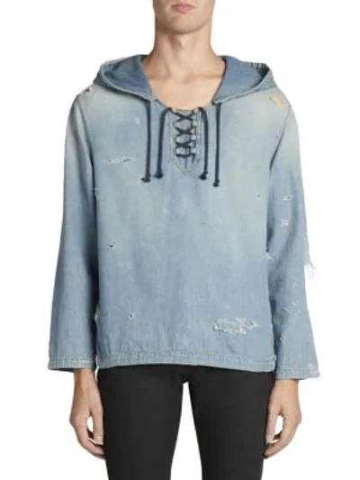 Shop Saint Laurent Distressed Denim Hoodie In Blue