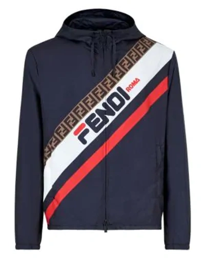 Fendi Men's Mania Wind-resistant Jacket With Logo Graphic In Blue | ModeSens