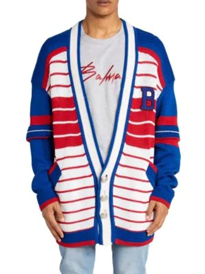 Shop Balmain Men's Striped Oversized Cardigan In Blue Multi