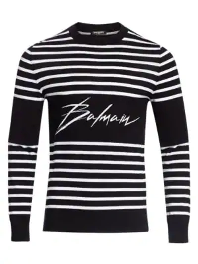Shop Balmain Striped Logo Sweater In Black White