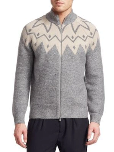 Shop Brunello Cucinelli Jacquard Full-zip Cashmere Sweater In Light Grey