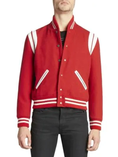 Shop Saint Laurent Banded Teddy Varsity Jacket In Raspberry