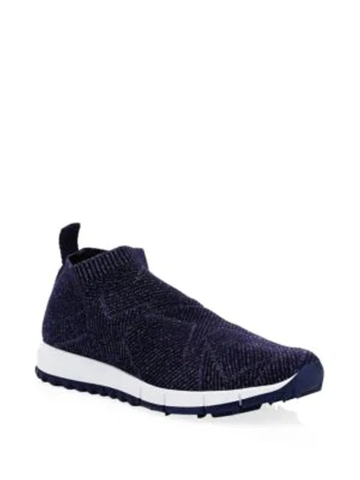 Shop Jimmy Choo Norway Lurex Knit Trainers In Navy