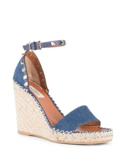 Shop Valentino Rockstud Denim Espadrille Wedge Sandals In Blue