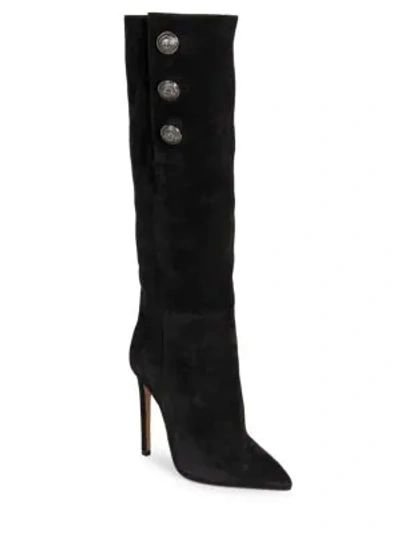Shop Balmain Jane Suede Knee High Boots In Black