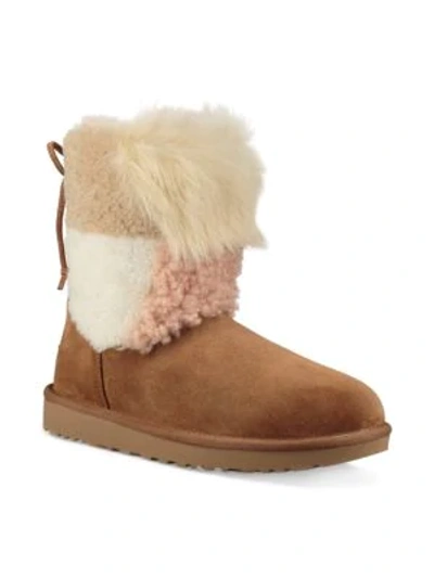 Shop Ugg Women's Classic Short Patchwork Fluff Shearling Boots In Chestnut