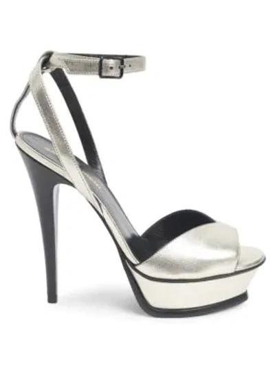 Shop Saint Laurent Women's Tribute Lips 105mm Metallic Leather Platform Sandals In Platinum