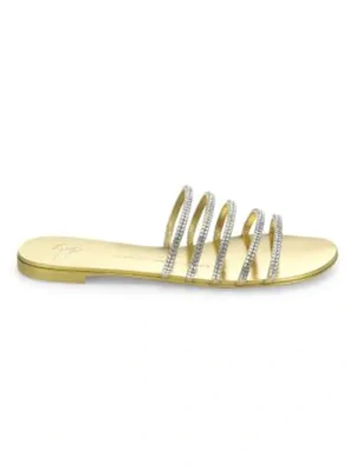 Shop Giuseppe Zanotti Strappy Crystal-embellished Metallic Leather Slides In Gold