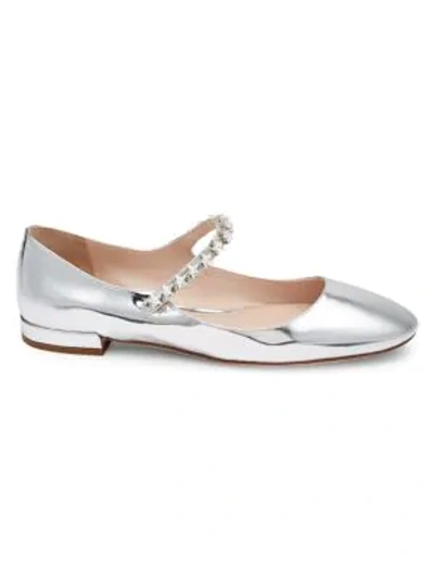 Shop Miu Miu Embellished Patent Leather Flats In Silver