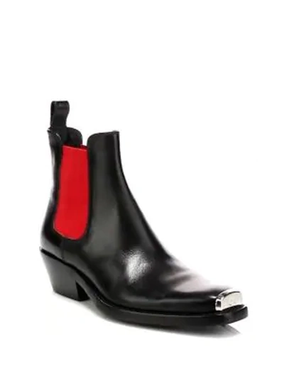 Shop Calvin Klein 205w39nyc Western Claire Leather Block Heel Boots In Black Red