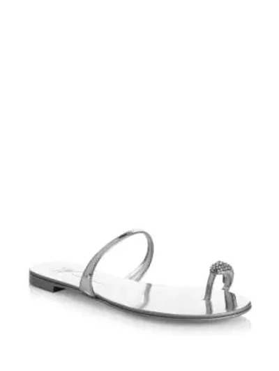 Shop Giuseppe Zanotti Ring Swarovski Crystal Metallic Leather Toe-loop Sandals In Argento