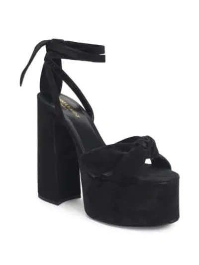Shop Saint Laurent Paige Ankle-wrap Platform Suede Sandals In Black