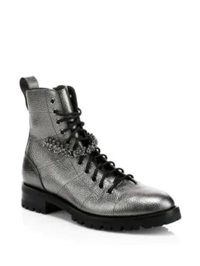 Shop Jimmy Choo Cruz Jewelled Metallic Combat Boots In Anthracite