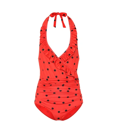 Shop Ganni Polka-dot Swimsuit In Red