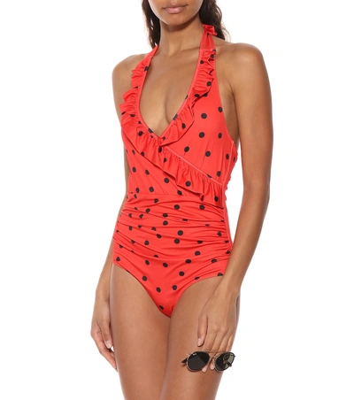 Shop Ganni Polka-dot Swimsuit In Red