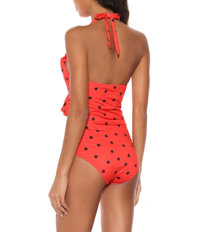 Shop Ganni Polka-dot Swimsuit In Red