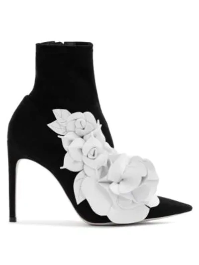 Shop Sophia Webster Jumbo Lilico Floral Appliqué Suede Ankle Boots In Black White
