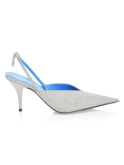 Shop Balenciaga Leather Glitter Slingback Heels In Silver