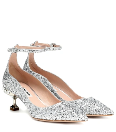 Shop Miu Miu Glitter Kitten Heel Pumps In Silver