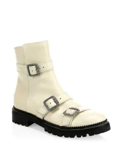 Shop Jimmy Choo Hank Leather Three-buckle Boots In Ivory
