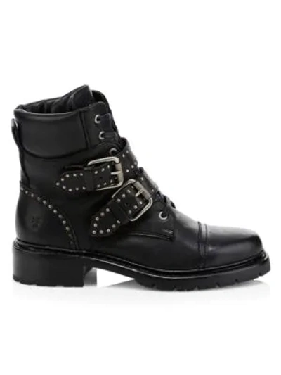 Shop Frye Samantha Studded Buckle Leather Hiking Boots In Black