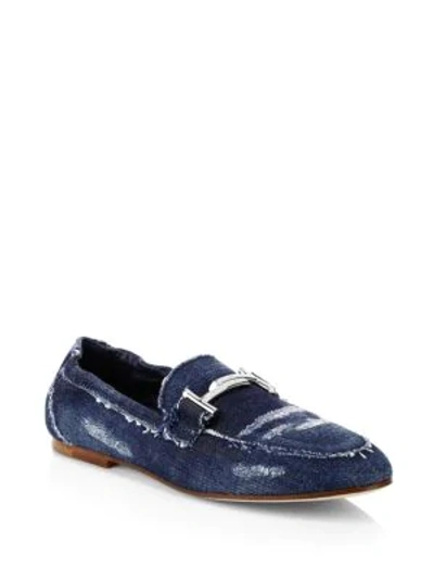 Shop Tod's Double T Distressed Denim Loafers In Blue