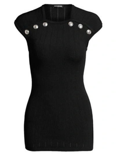 Shop Balmain Ribbed Cap-sleeve Knit Top In Black