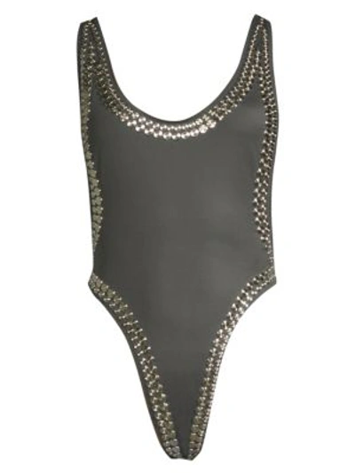 Shop Norma Kamali Marissa Stud One-piece Swimsuit In Pewter