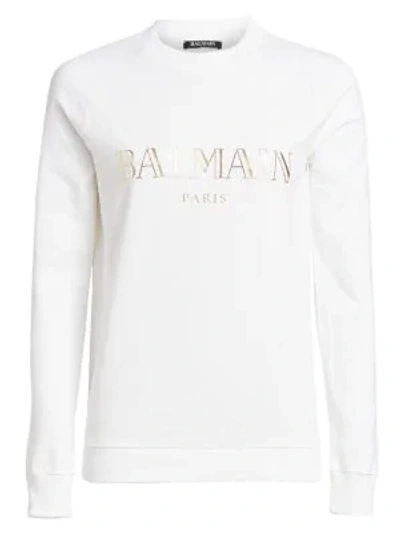 Shop Balmain Long Sleeve Logo Sweatshirt In White
