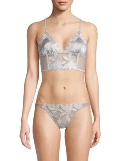 Shop Fleur Du Mal Lily Embroidered Long Lined Triangle Bra In Platinum