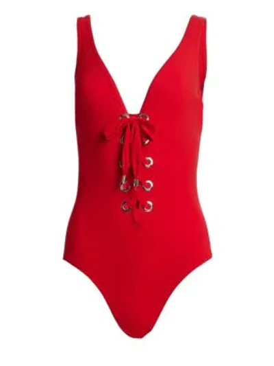 Shop Karla Colletto Swim Viviana Lace-up One-piece Swimsuit In Cherry