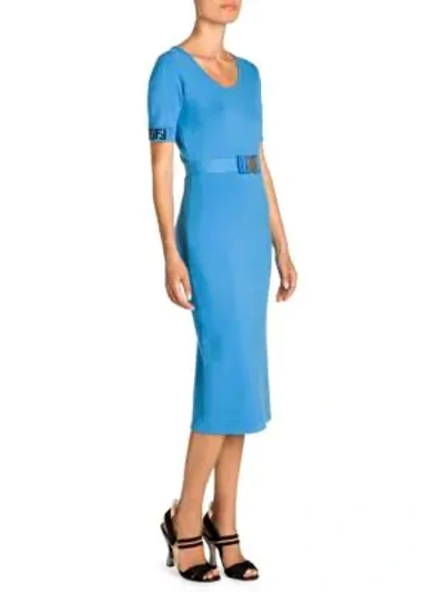Shop Fendi Belted Logo Midi Dress In Antigua Blue